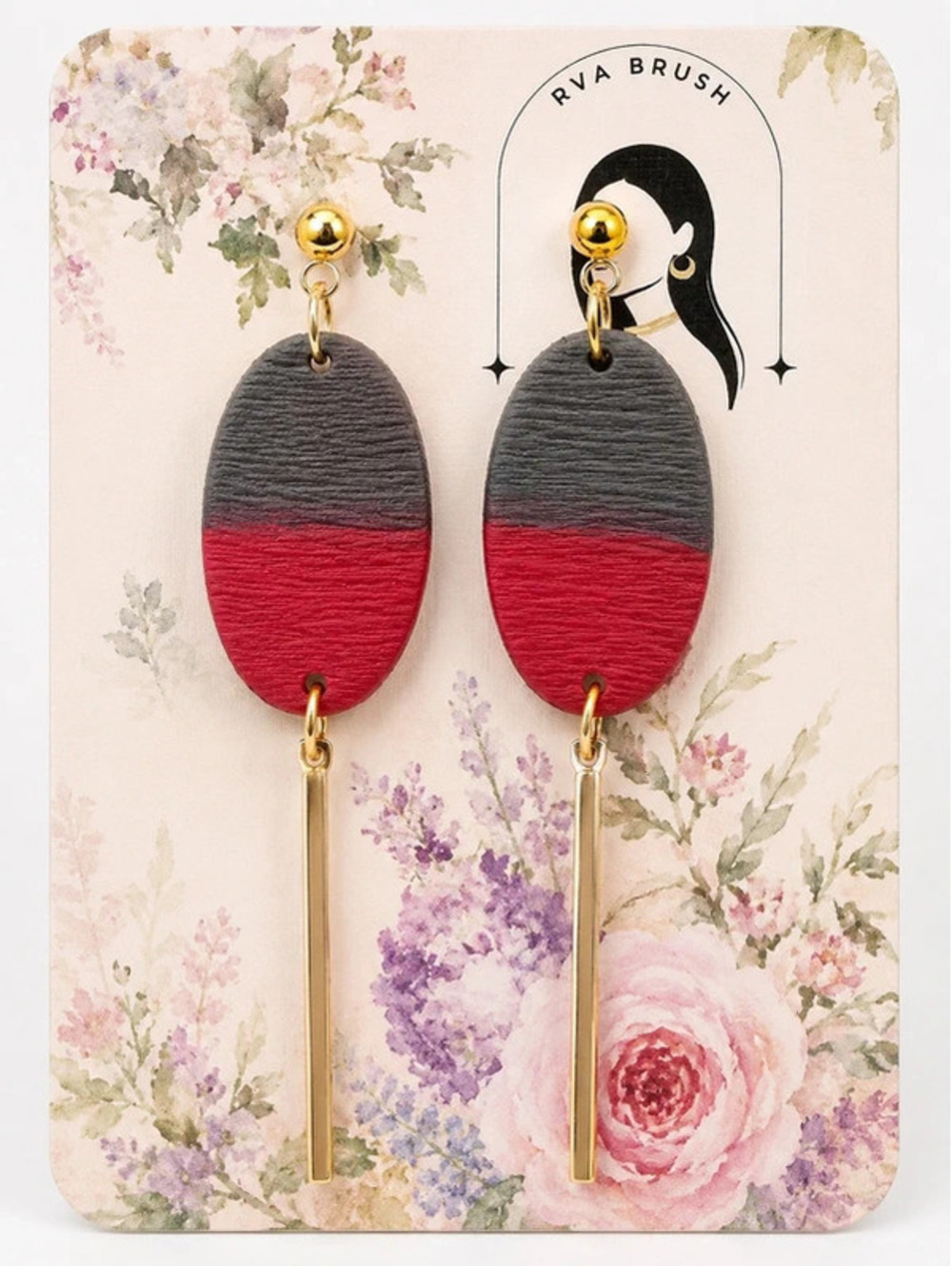 Handmade Polymer Clay Dangle Earrings with Black and Burgundy Ombre and Gold Bar